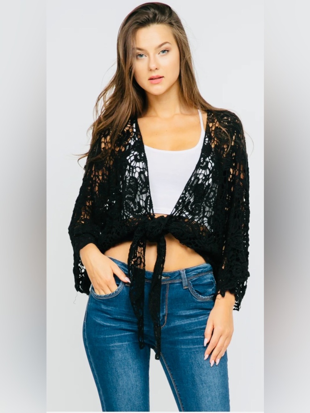 Raj Black Crochet Tie-Front Cardigan